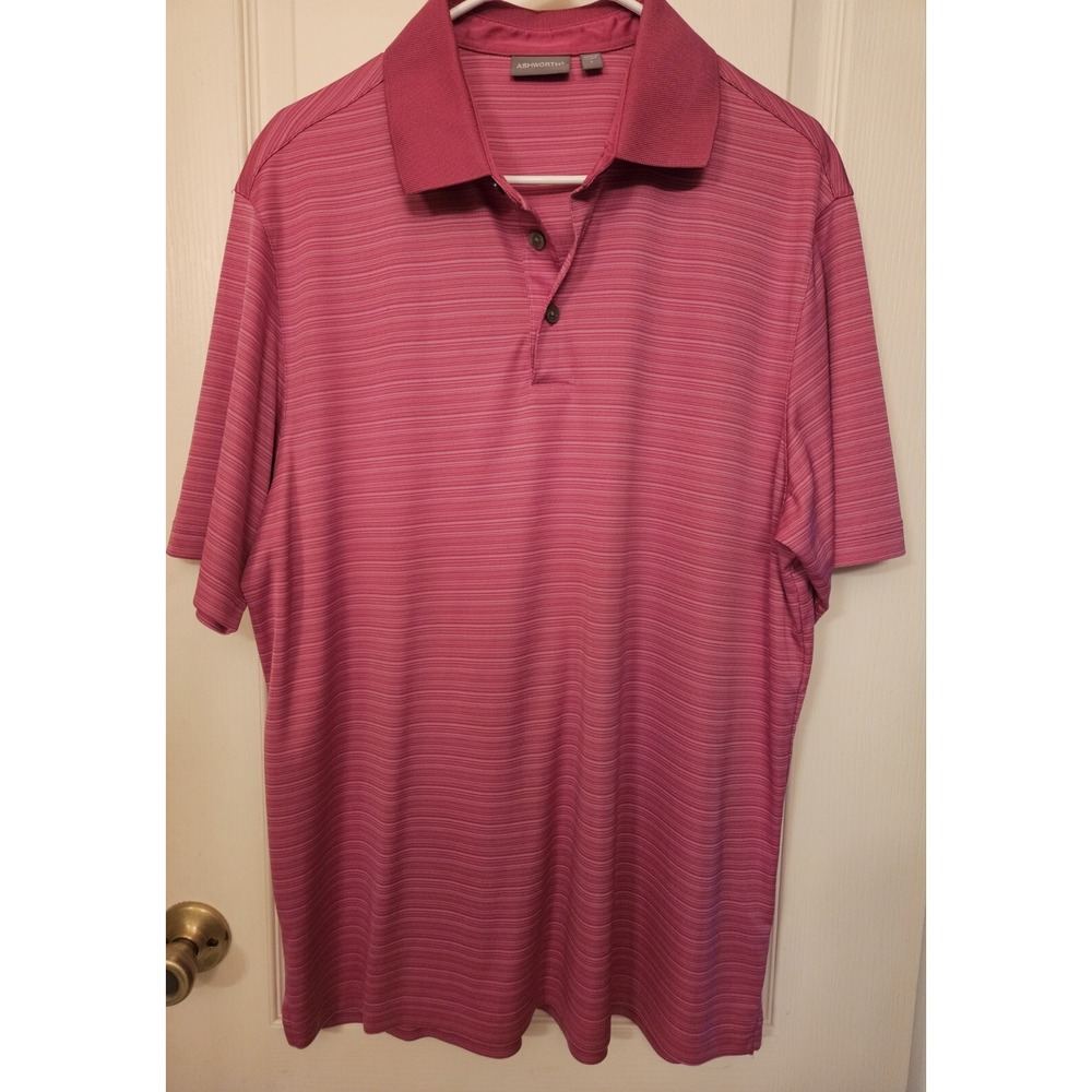 Ashworth Mens Large Golf Polo Shirt Magenta Stripes Preppy Sports Golfcore